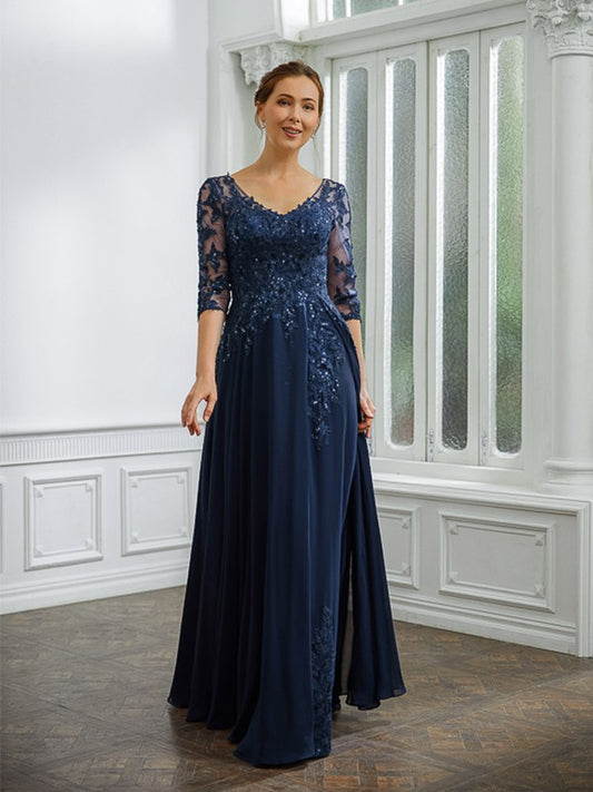 Denisse A-Line/Princess Chiffon Applique V-neck 3/4 Sleeves Floor-Length Mother of the Bride Dresses DKP0020267