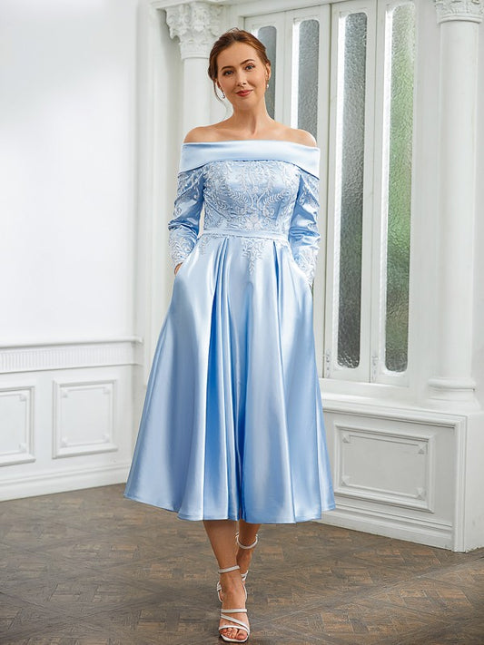 Sarai A-Line/Princess Elastic Woven Satin Ruched Off-the-Shoulder Long Sleeves Tea-Length Mother of the Bride Dresses DKP0020269
