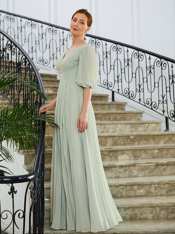 Aurora A-Line/Princess Chiffon Ruched V-neck 1/2 Sleeves Floor-Length Mother of the Bride Dresses DKP0020271
