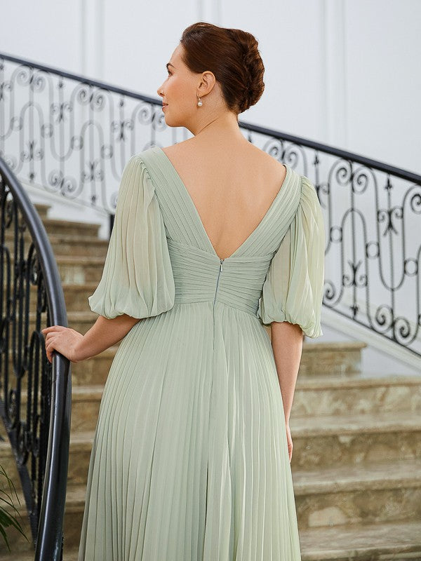 Aurora A-Line/Princess Chiffon Ruched V-neck 1/2 Sleeves Floor-Length Mother of the Bride Dresses DKP0020271