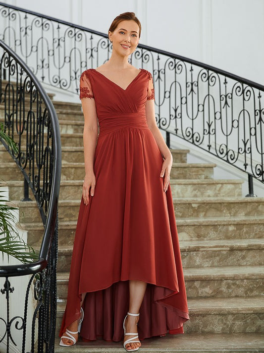 Dayami A-Line/Princess Chiffon Ruched V-neck Short Sleeves Asymmetrical Mother of the Bride Dresses DKP0020273