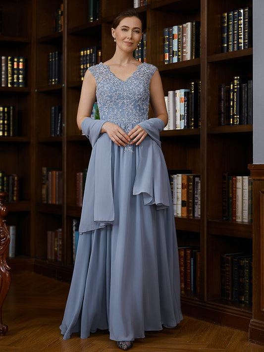 Raquel A-Line/Princess Chiffon Applique V-neck Sleeveless Floor-Length Mother of the Bride Dresses DKP0020259