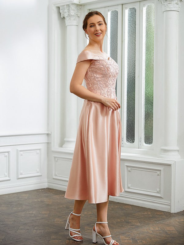 Valentina A-Line/Princess Satin Applique Off-the-Shoulder Sleeveless Tea-Length Mother of the Bride Dresses DKP0020255