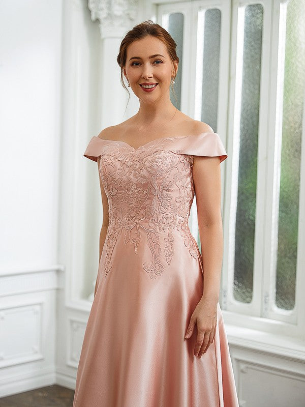 Valentina A-Line/Princess Satin Applique Off-the-Shoulder Sleeveless Tea-Length Mother of the Bride Dresses DKP0020255
