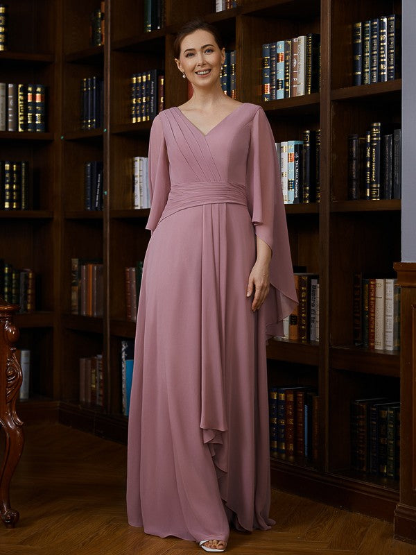 Mylie A-Line/Princess Chiffon Ruched V-neck 3/4 Sleeves Floor-Length Mother of the Bride Dresses DKP0020251
