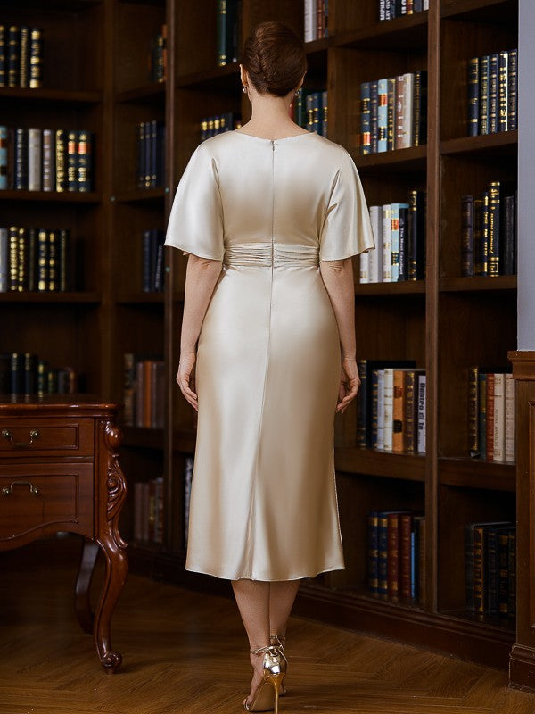 Silvia Sheath/Column Elastic Woven Satin Ruched Scoop Short Sleeves Tea-Length Mother of the Bride Dresses DKP0020242
