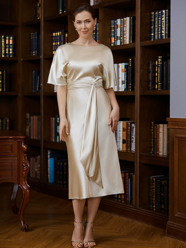 Silvia Sheath/Column Elastic Woven Satin Ruched Scoop Short Sleeves Tea-Length Mother of the Bride Dresses DKP0020242