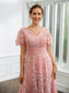 Kitty A-Line/Princess Chiffon Applique V-neck Short Sleeves Tea-Length Dresses DKP0020244
