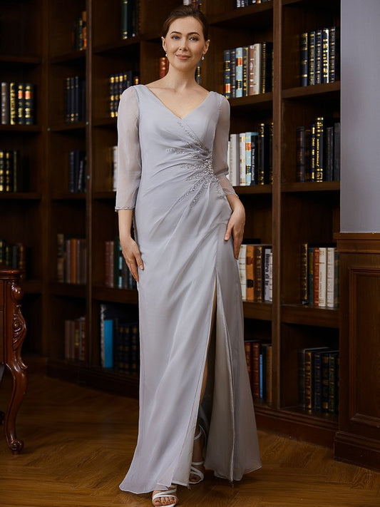 Jaylin Sheath/Column 30D Chiffon Beading V-neck 3/4 Sleeves Floor-Length Mother of the Bride Dresses DKP0020247