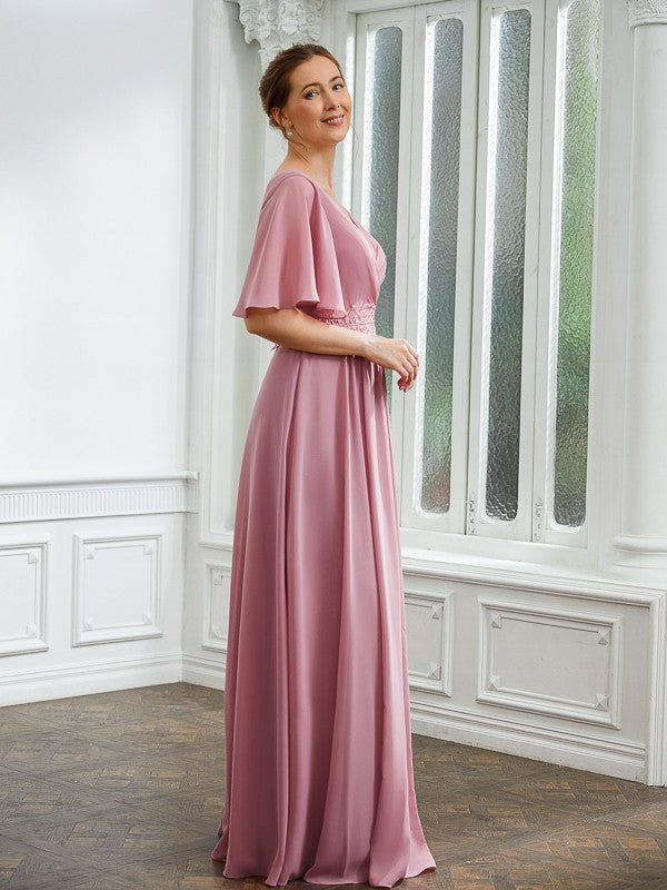 Rosalie A-Line/Princess Chiffon Ruched V-neck 1/2 Sleeves Floor-Length Mother of the Bride Dresses DKP0020248