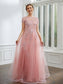Mayra A-Line/Princess Tulle Applique Bateau Short Sleeves Floor-Length Dresses DKP0020242