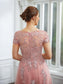 Mayra A-Line/Princess Tulle Applique Bateau Short Sleeves Floor-Length Dresses DKP0020242