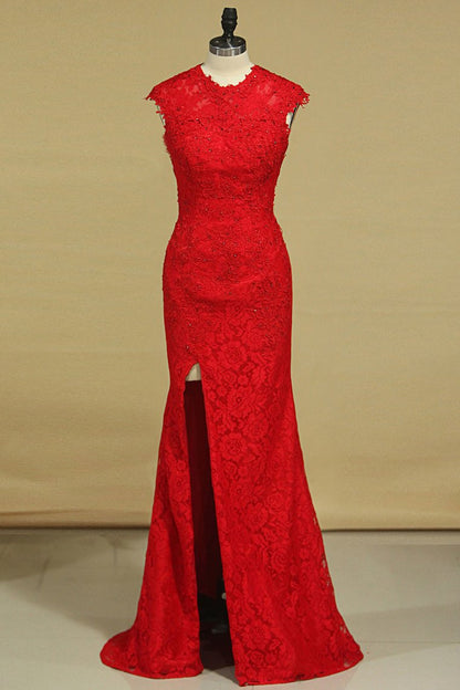 2024 Prom Dresses Sheath Scoop Lace With Applique And Beads Sweep Train