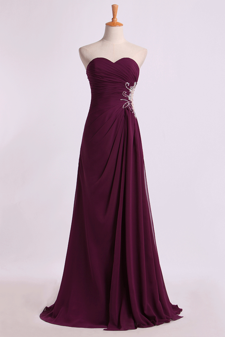Prom Dresses A Line Ruffled Bodice Beaded With Slit Floor Length