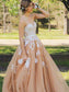 Elegant Sweetheart Floor Length Lace Top Champagne Prom Dresses
