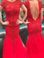 Elegant Jewel Short Sleeves Red Mermaid Prom Dress with Beading Backless