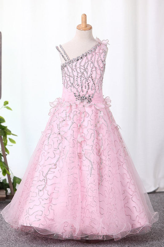 2024 Shiny Flower Girl Dresses Ball Gown Straps With Handmade Flowers Floor Length