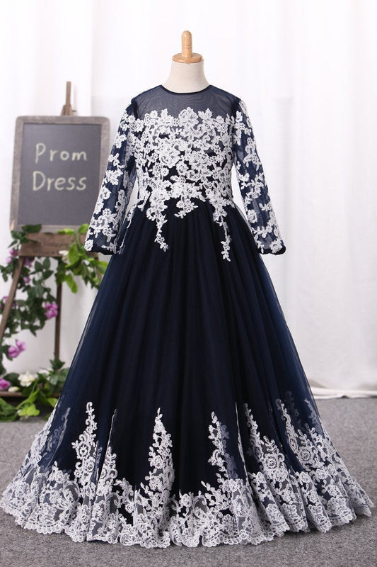 2024 Flower Girl Dresses A-Line Scoop Floor-Length Tulle With Applique Long Sleeves
