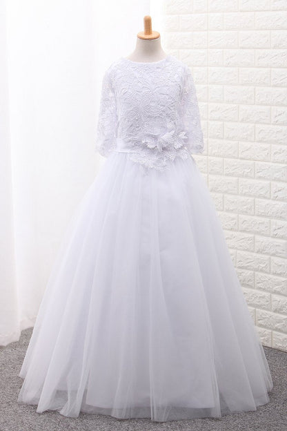 2024 Mid-Length Sleeves Scoop Ball Gown Flower Girl Dresses Tulle With Sash