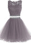 Two Piece Open Back Scoop Beads Sleeveless Grey Tulle A-Line Homecoming Dress I1012