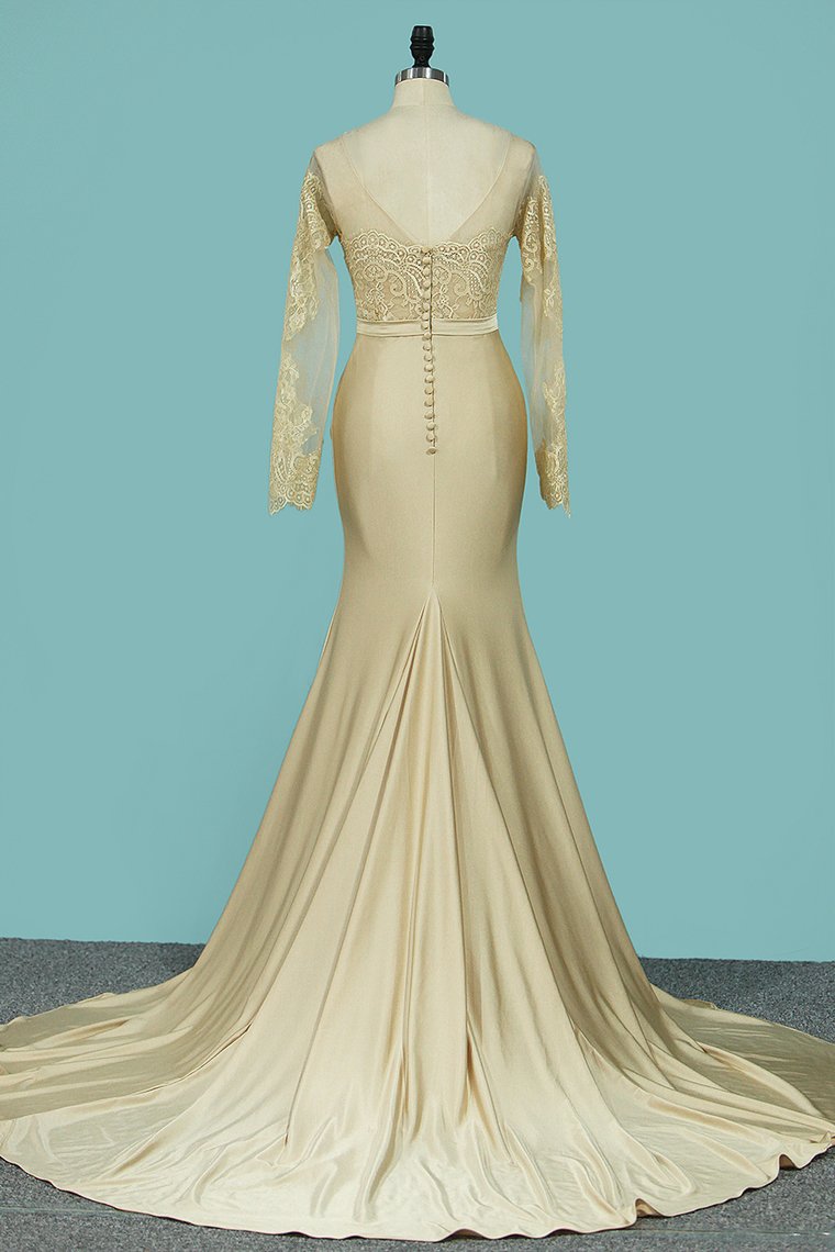 Mermaid Wedding Dresses Scoop Long Sleeves Spandex With Applique