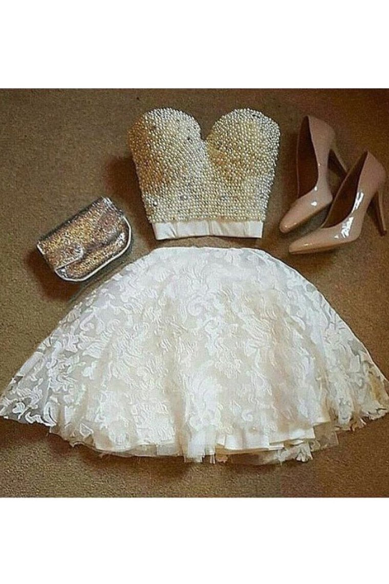 Two-Piece A Line Lace Homecoming Dresses Sweetheart Beaded Bodice
