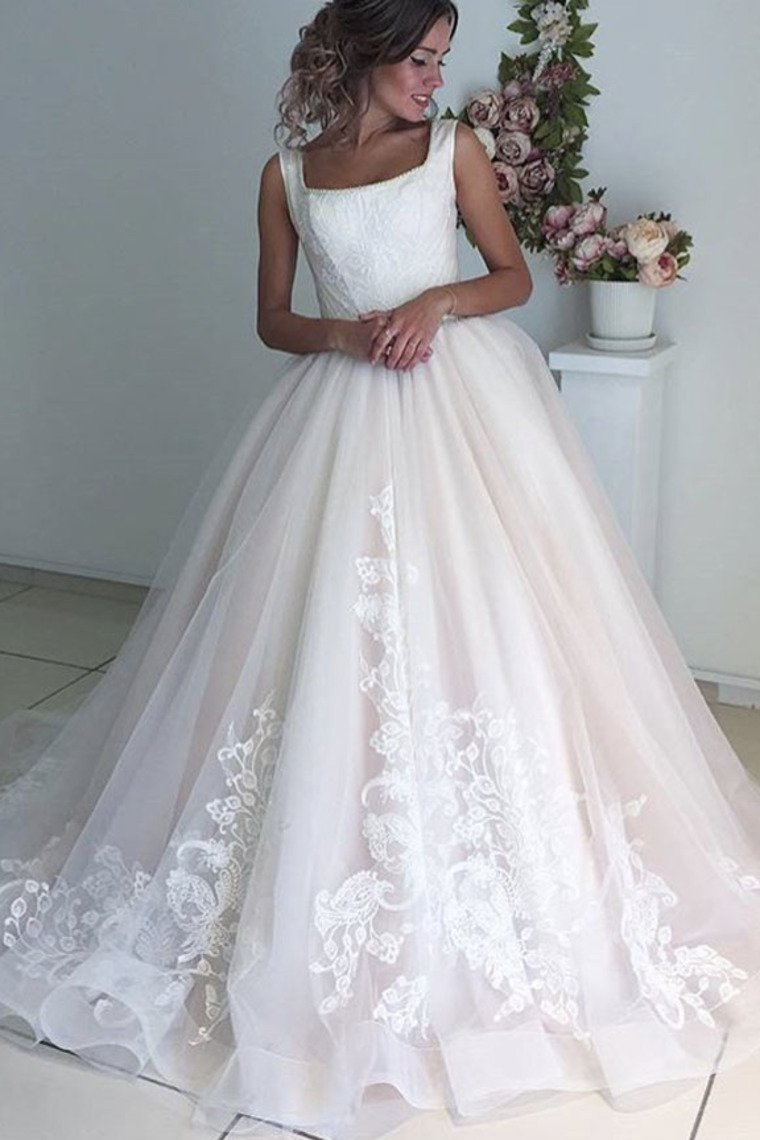 2024 Wedding Dress Square Neck A Line Tulle Skirt With Appliques Pearls