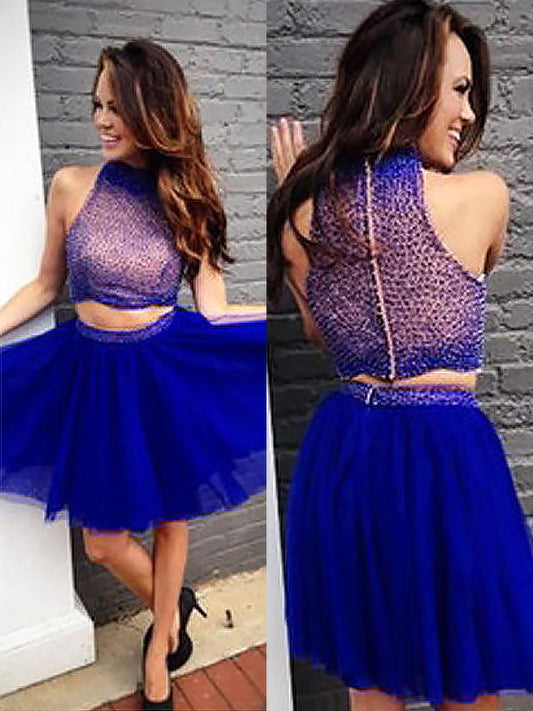 Quintina Homecoming Dresses 2024 A-Line Halter Sleeveless Two Piece Beading Tulle Cut Short/Mini