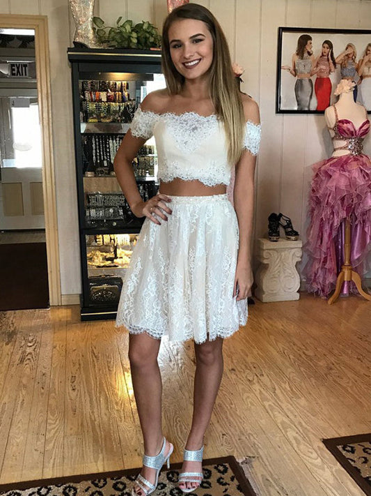 2024 A-Line Lace Taryn Homecoming Dresses Two Piece Off-The-Shoulder Applique Cut Short/Mini