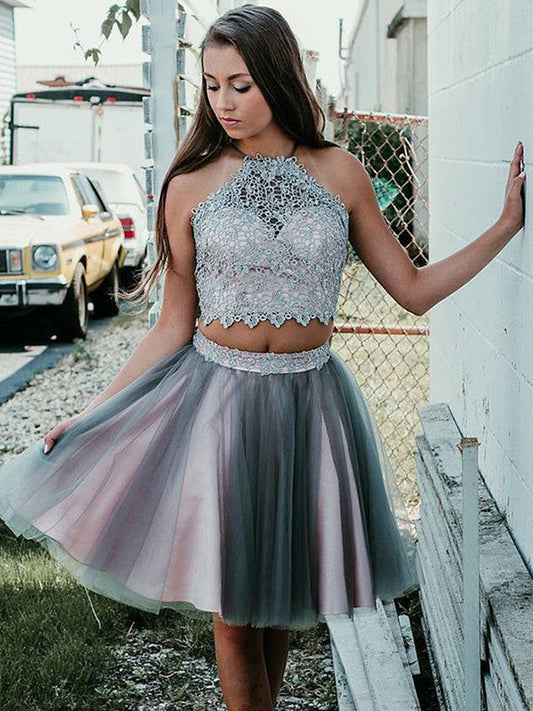 2024 Cheyanne Homecoming Dresses Ball Gown Two Piece Halter Sleeveless Applique Tulle Knee-Length