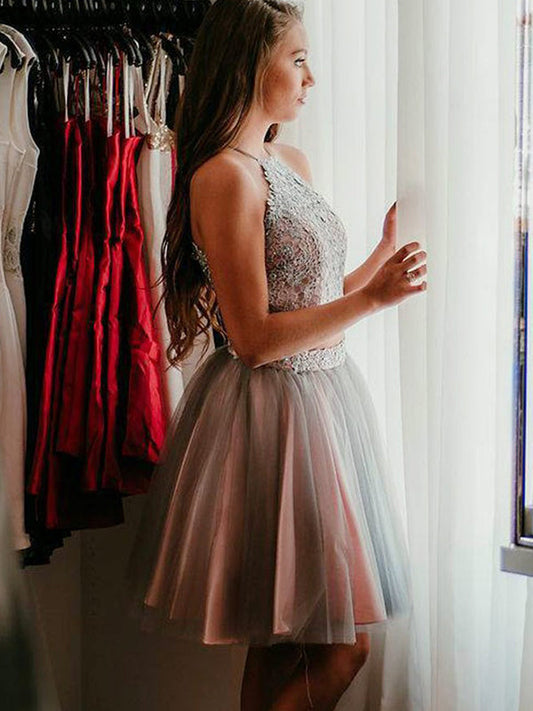 2024 Cheyanne Homecoming Dresses Ball Gown Two Piece Halter Sleeveless Applique Tulle Knee-Length