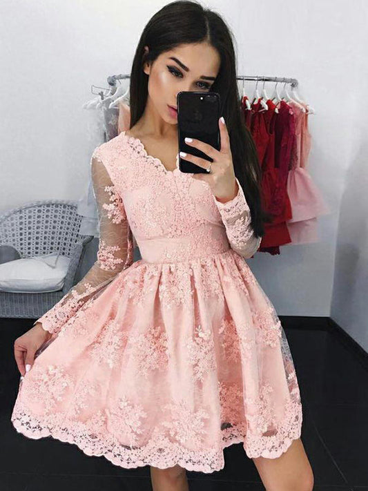 2024 A-Line Homecoming Dresses Zaria Lace V Neck Long Sleeve Applique Pleated Cut Short/Mini
