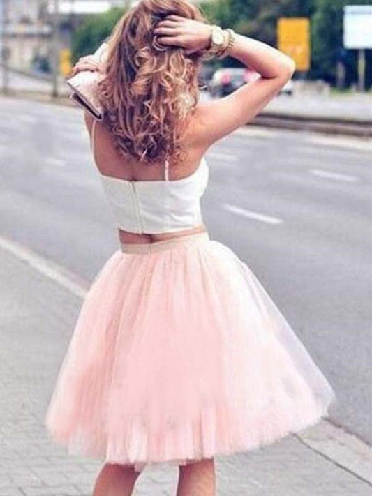 Two Piece Ball Gown Tulle Alexandria Homecoming Dresses Square Neck Straps Sleeveless Knee-Length