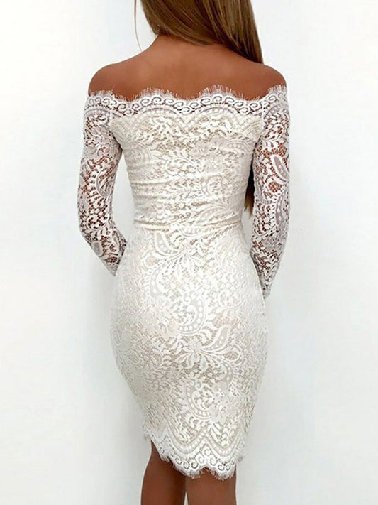 White Off-The-Shoulder Cut Lace Izabella Homecoming Dresses Short/Mini Sheath/Column Long Sleeve