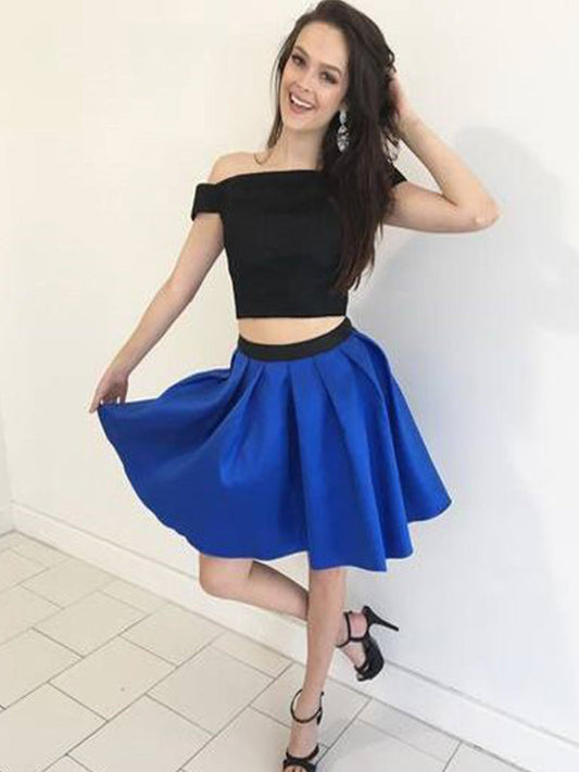 Two Piece Off-The-Shoulder Pleated Cut Homecoming Dresses Satin Celeste Short Mini