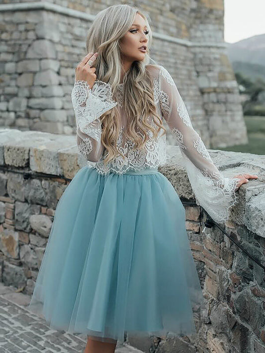 Two Piece See Through Scoop Lori Homecoming Dresses Lace Neck Long Sleeve Tulle Ball Gown Knee-Length