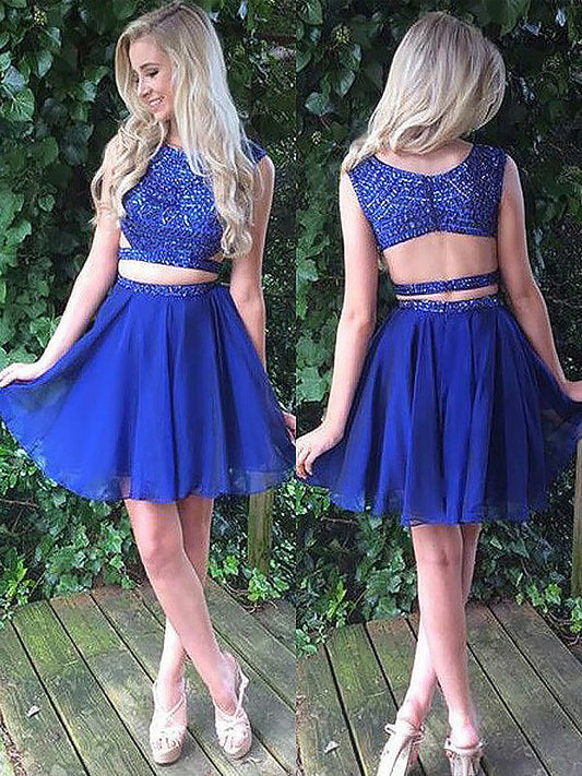 Two Piece Beading Scoop Homecoming Dresses Chiffon Kathryn Neck Sleeveless Cut Out Back Cut Short Mini