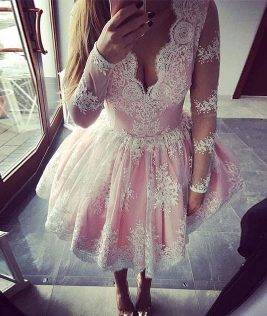 Long Sleeve Lace Pink Alondra Homecoming Dresses Deep V Neck Ball Gown Flowers Pleated