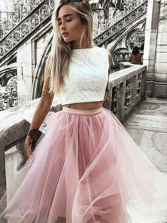 Halter Jewel Tulle Two Pieces Pink Lace A Line Homecoming Dresses Casey Pleated Sleeveless