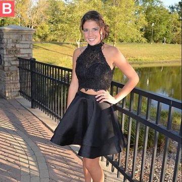 Halter Sleeveless Tiered Satin Lace Two Pieces Homecoming Dresses Alondra Pleated Elegant