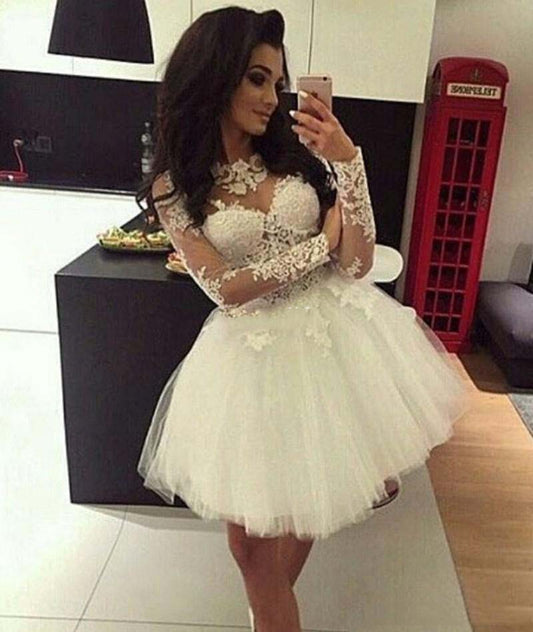 Jewel Long Sleeve Appliques Pleated Lace Homecoming Dresses Isla A Line Tulle Sheer Short