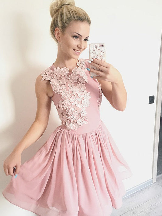 Jewel Sleeveless Pleated Appliques Flowers Homecoming Dresses Chiffon Jasmin Pink Mini Cute