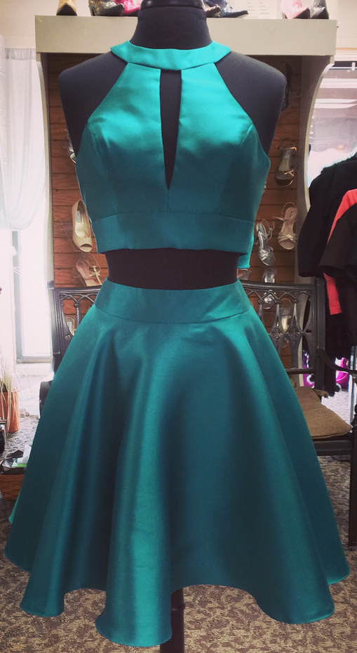 Halter Homecoming Dresses Aleah Satin A Line Two Pieces Sleeveless Cut Out Bow Knot Teal Pleated