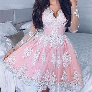 Lace Homecoming Dresses Pink Mira Long Sleeve Ball Gown Pleated Deep V Neck Sheer Flowers Mini