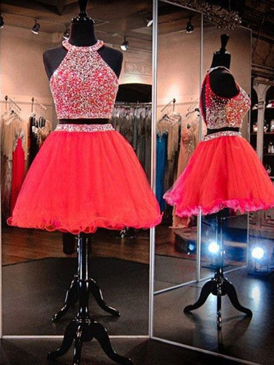 Sleeveless Pleated Organza Red A Line Homecoming Dresses Two Pieces Azul Halter Rhinestone Backless