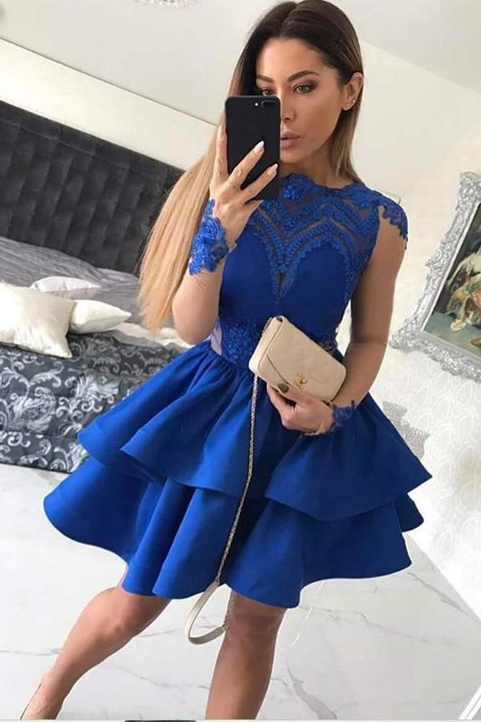 Jewel Long Sleeve Satin Janice Royal Blue Lace Homecoming Dresses Appliques Tiered Short