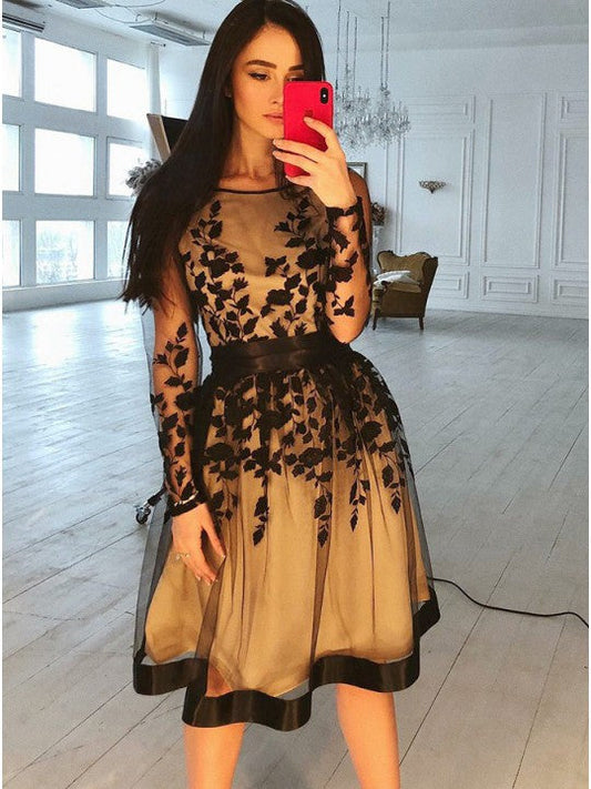 Long Sleeve Flowers Scoop Sheer Appliques Organza Homecoming Dresses Nataly Lace Pleated Knee Length