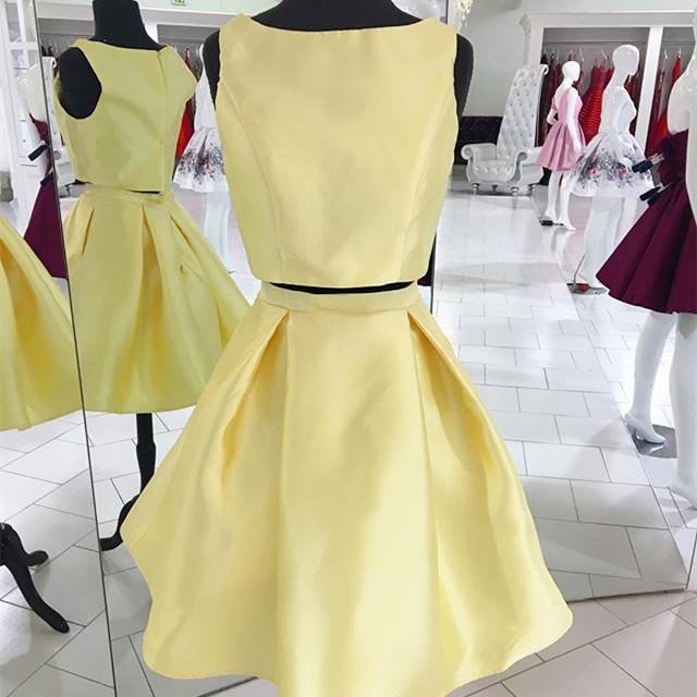 Bateau Satin Two Pieces A Line Homecoming Dresses Adrienne Sleeveless Pleated Simple Light Yellow