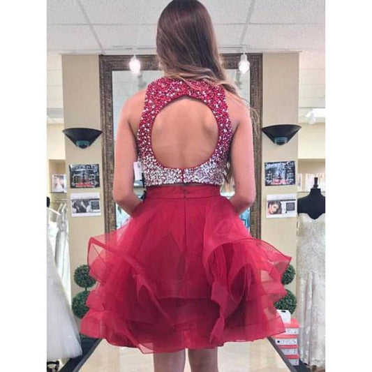 Jewel Sleeveless Rhinestone Organza Ruffles A Line Brynlee Two Pieces Homecoming Dresses Backless