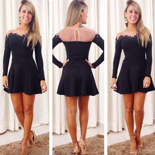 Scoop Long Sleeve Sheer Black A Line Homecoming Dresses Satin Nola Pleated Short Cut Out Appliques